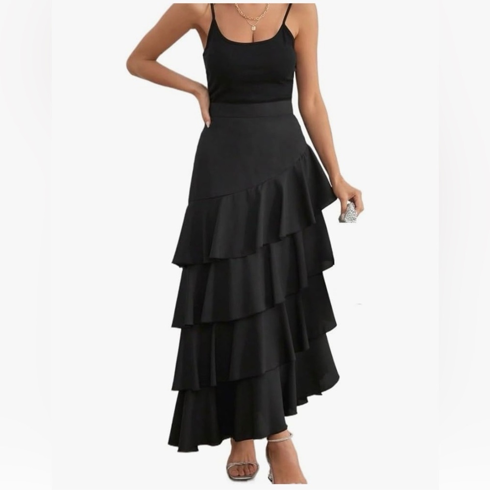 Black Asymmetrical Tiered Maxi Skirt - Women